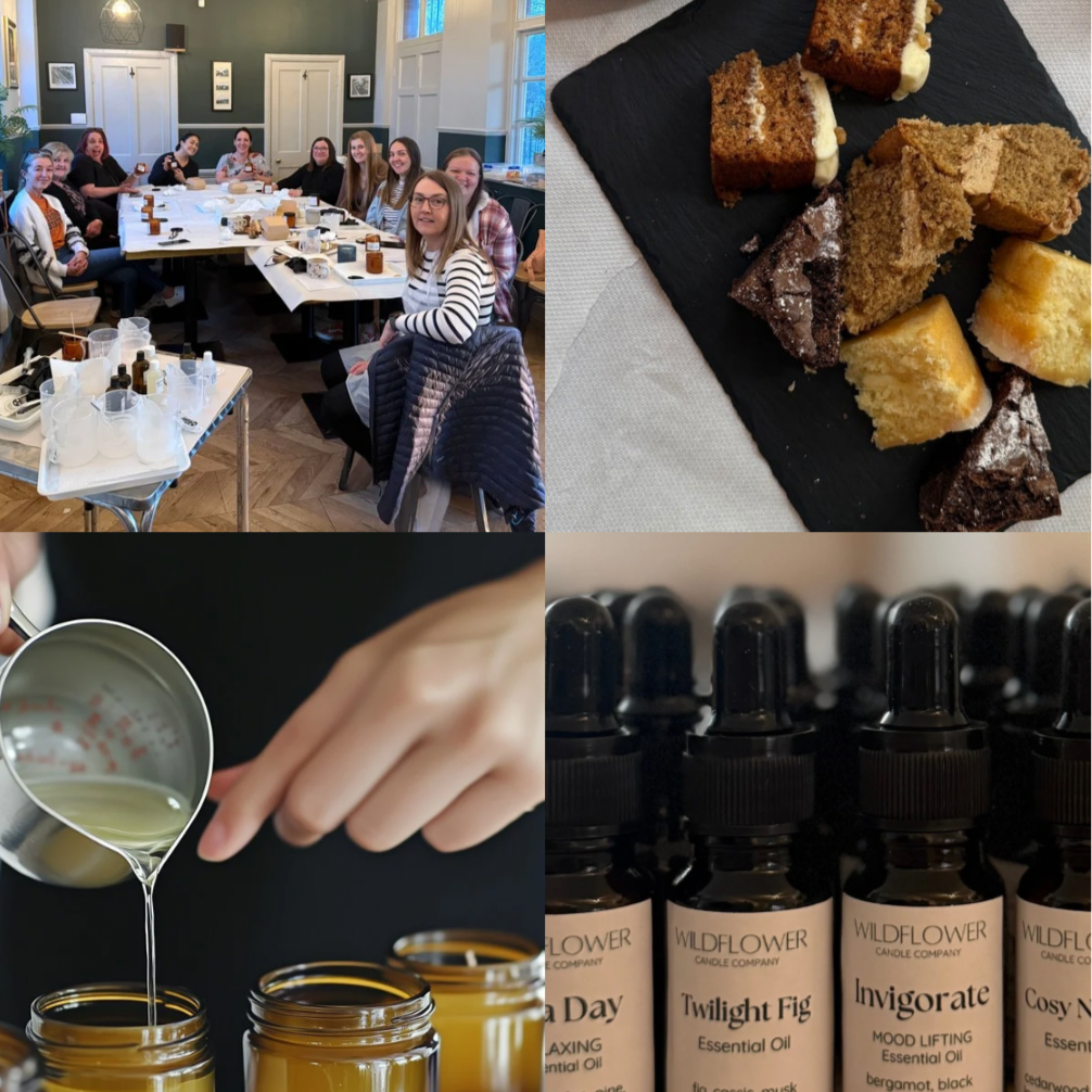 Creative group candle making workshop session featuring artisan hand made products, and custom catering treats