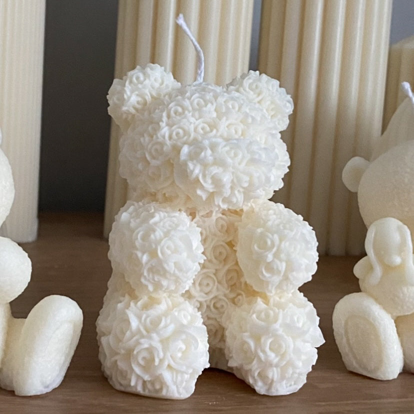 rose teddy candle, teddy bear candle, nursery decor, baby shower teddy