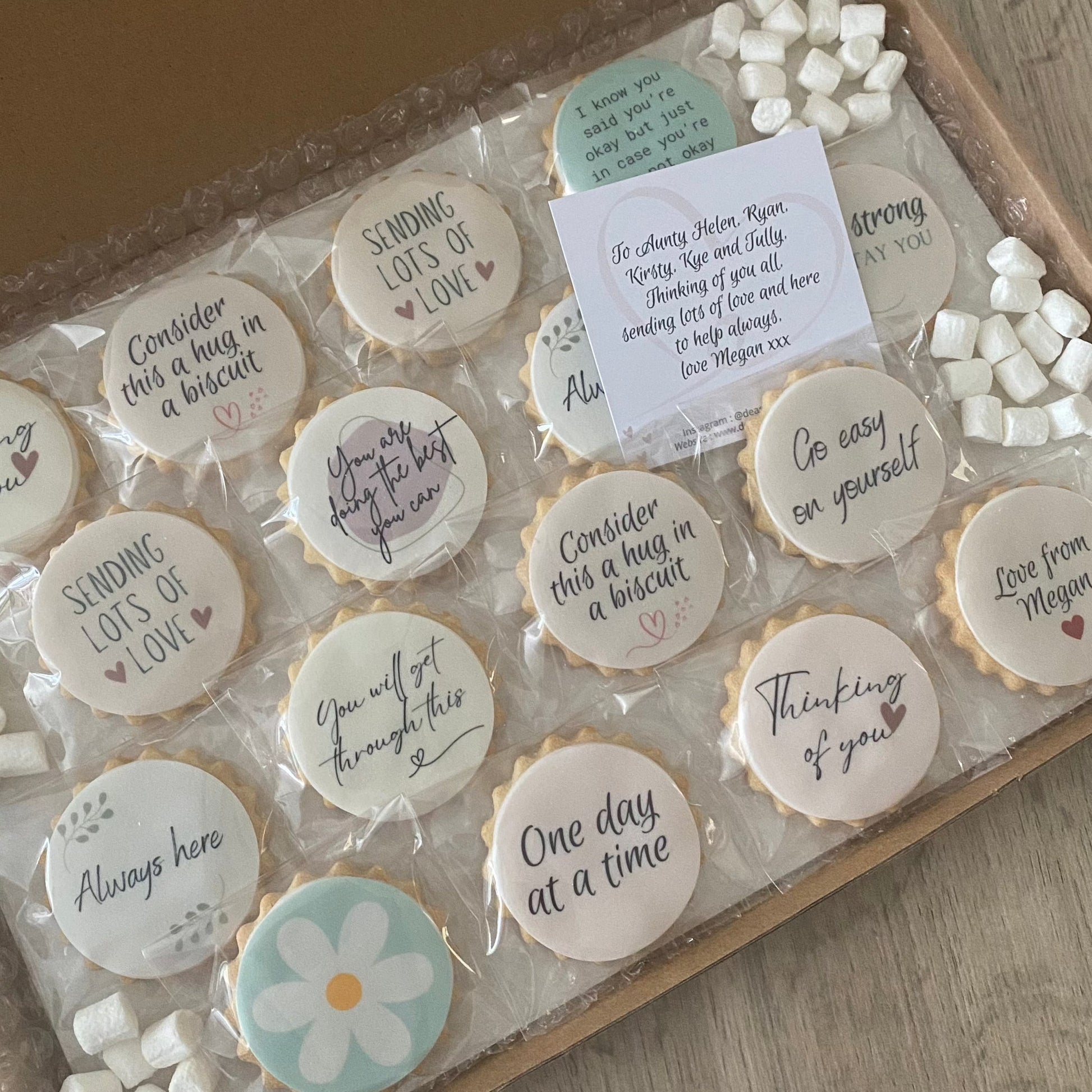Handmade cookies with heartfelt 'Thinking of You' messages, perfect for showing you care