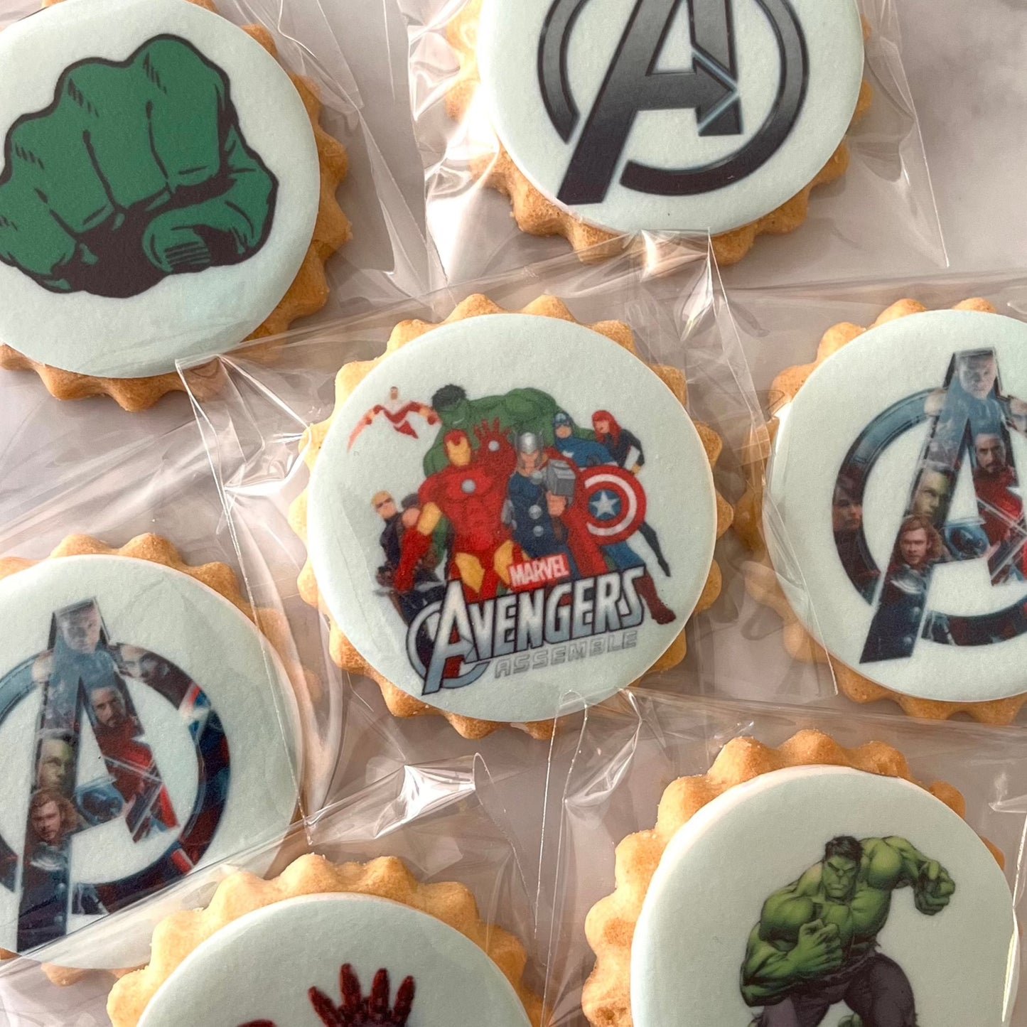 Avengers Assemble themed party biscuits! These delicious treats feature beloved characters such as Hulk, Iron Man, Thor, Spider-Man and more!