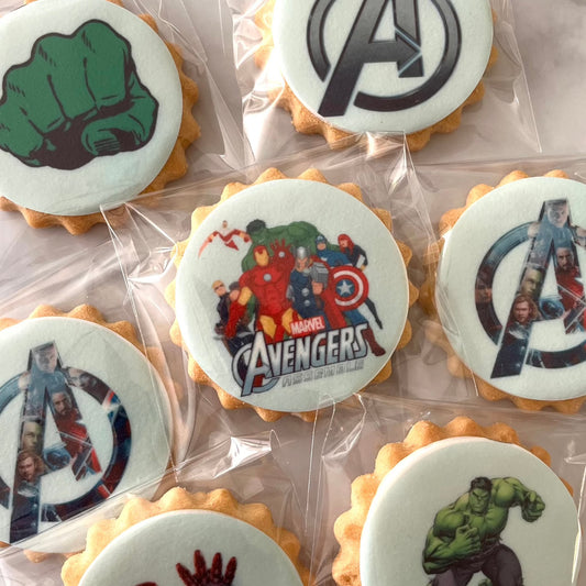 Avengers Assemble themed party biscuits! These delicious treats feature beloved characters such as Hulk, Iron Man, Thor, Spider-Man and more!