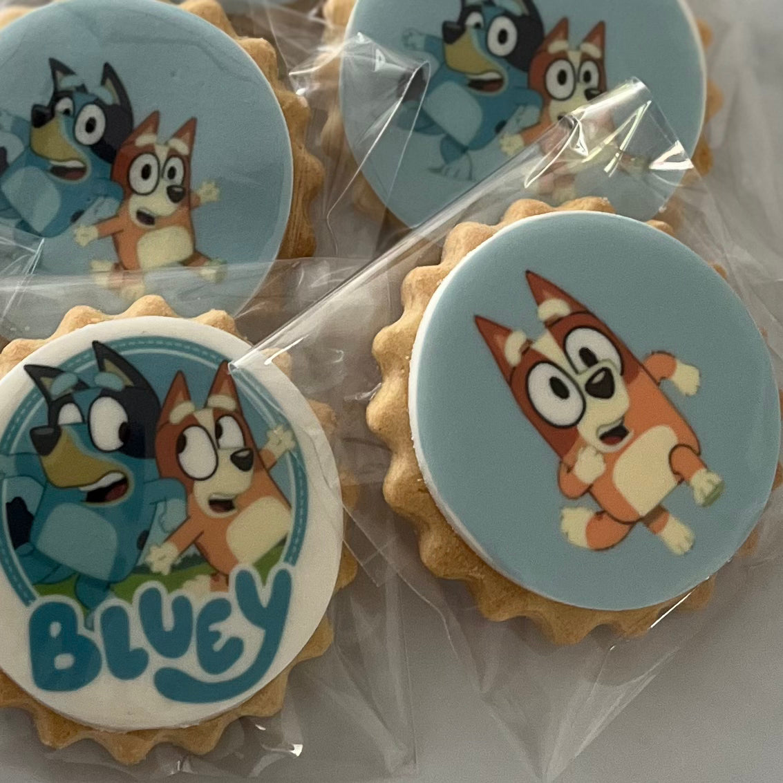 Bluey character biscuits at a fun-filled birthday party - Assorted Bluey and friends character biscuits displayed on a colorful party table