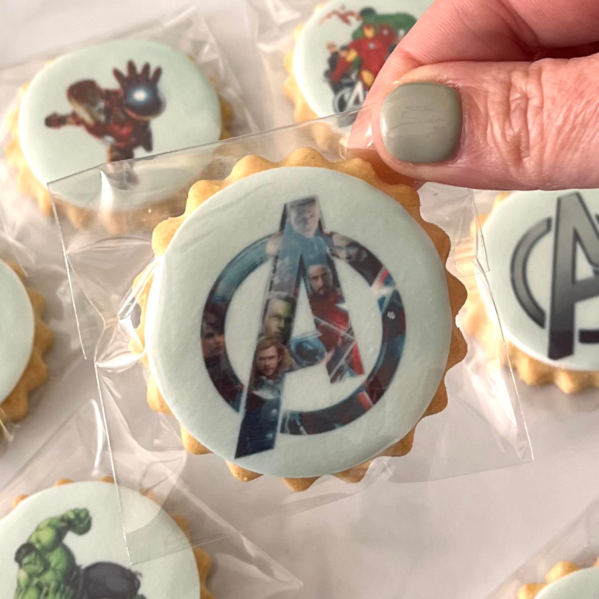 Avengers Assemble themed party biscuits! These delicious treats feature beloved characters such as Hulk, Iron Man, Thor, Spider-Man and more!