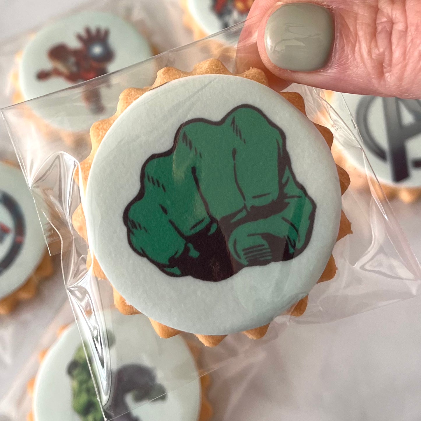 Avengers Assemble themed party biscuits! These delicious treats feature beloved characters such as Hulk, Iron Man, Thor, Spider-Man and more!