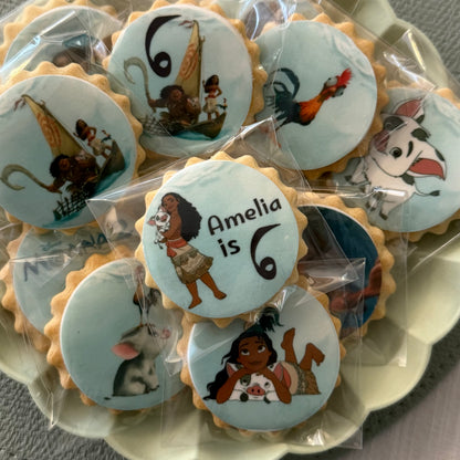 Packaged custom branded Moana 2 biscuits