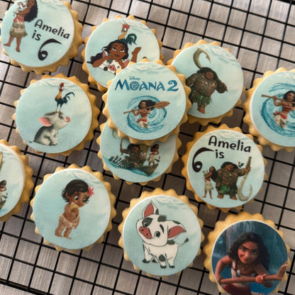 custom iced birthday biscuits featuring high quality designed illustrations from Moana 2