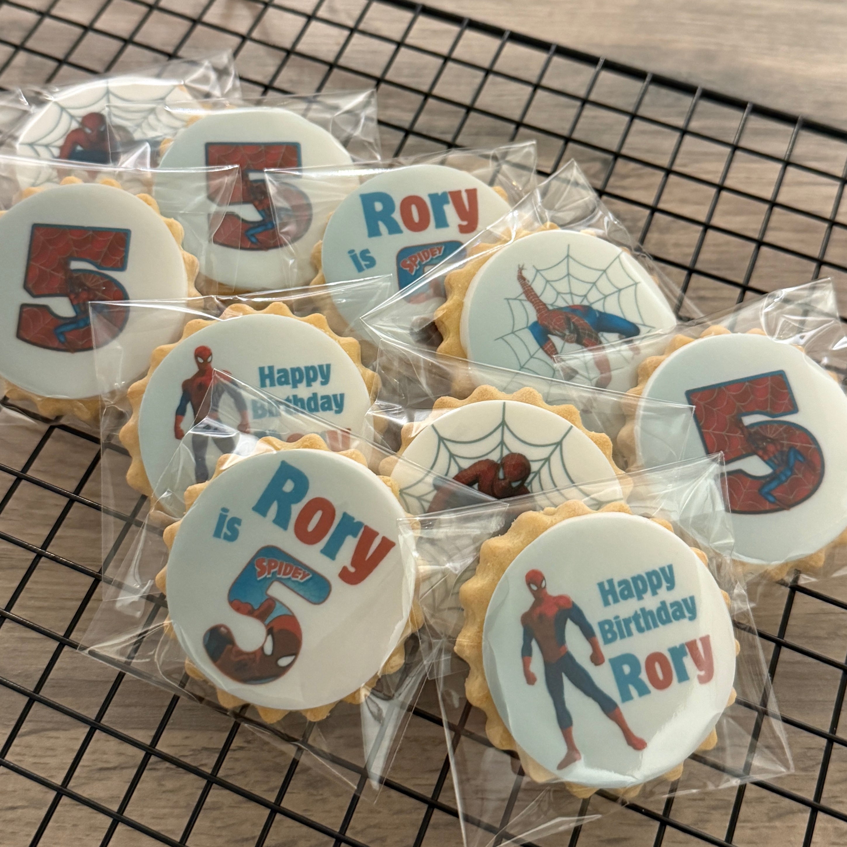 closeup of the packaged custom spider-man biscuits