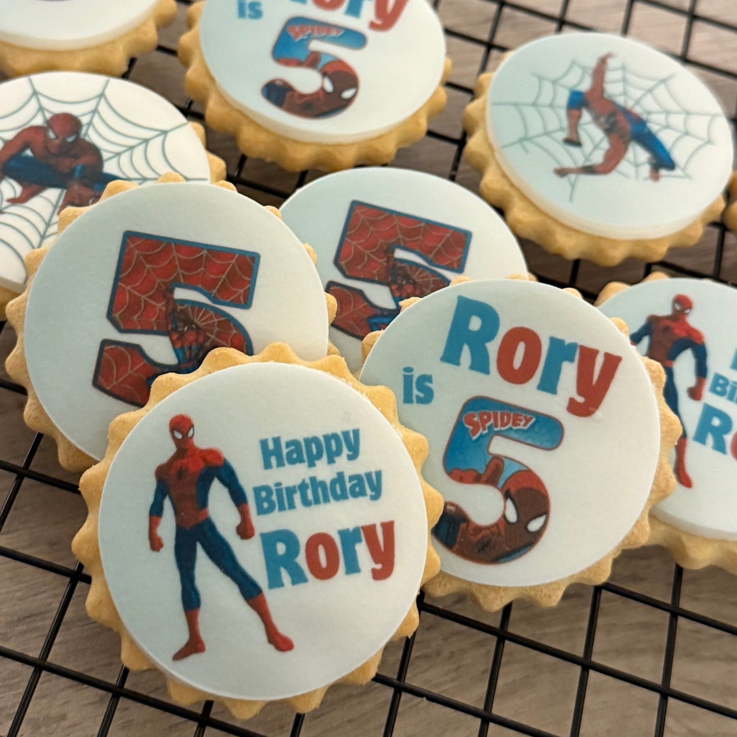 Closeup of the custom spider-man themed biscuits