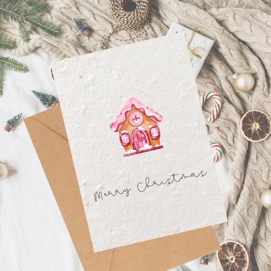 Christmas Pink Gingerbread House Plantable Seeded Card