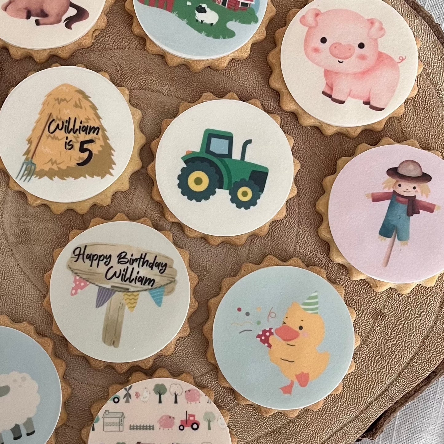 Custom farm-themed biscuits for a child's Farmyard Birthday Party" "Farmyard Birthday Party biscuits shaped like chickens and horses