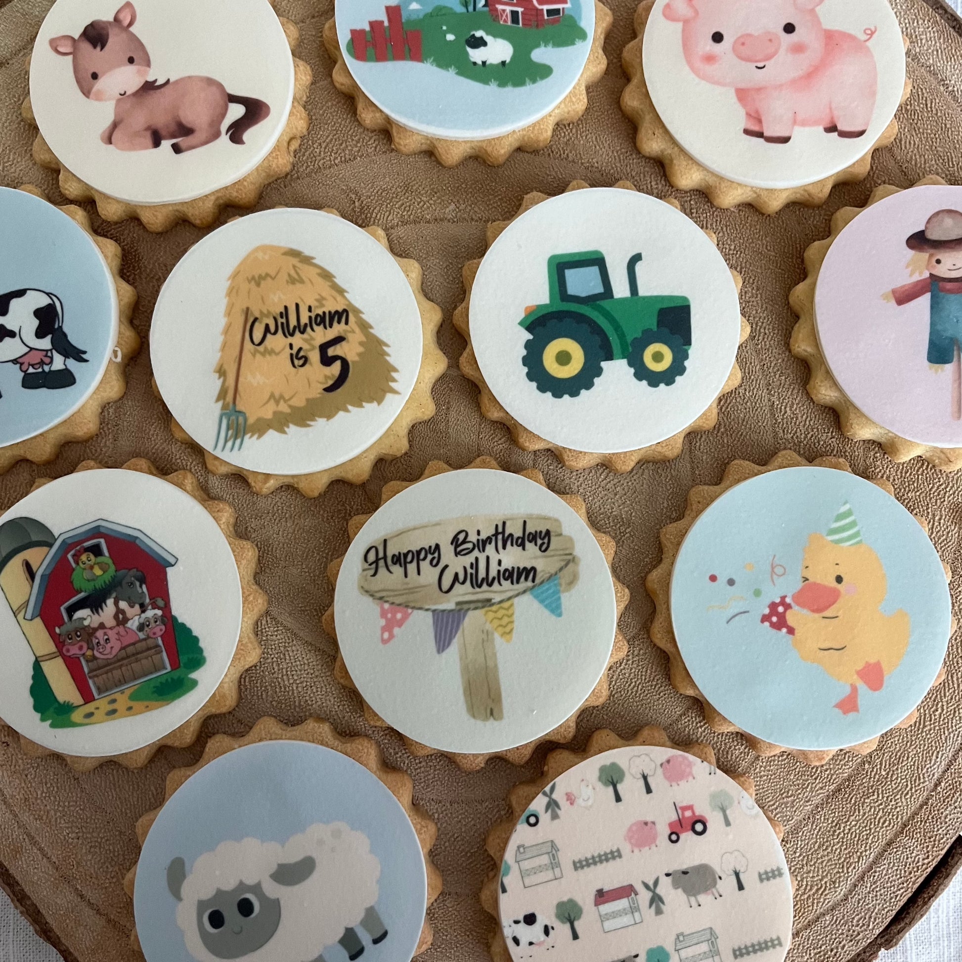 Custom farm-themed biscuits for a child's Farmyard Birthday Party" "Farmyard Birthday Party biscuits shaped like chickens and horses